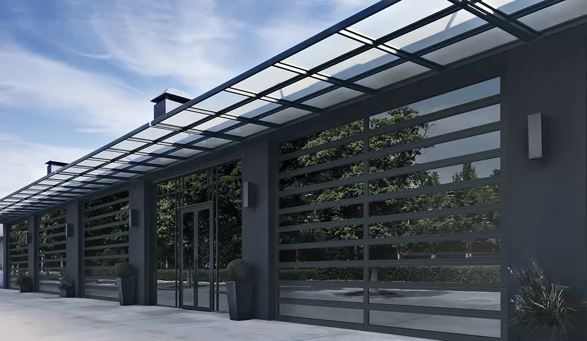 Modern building with glass facade and awning.
