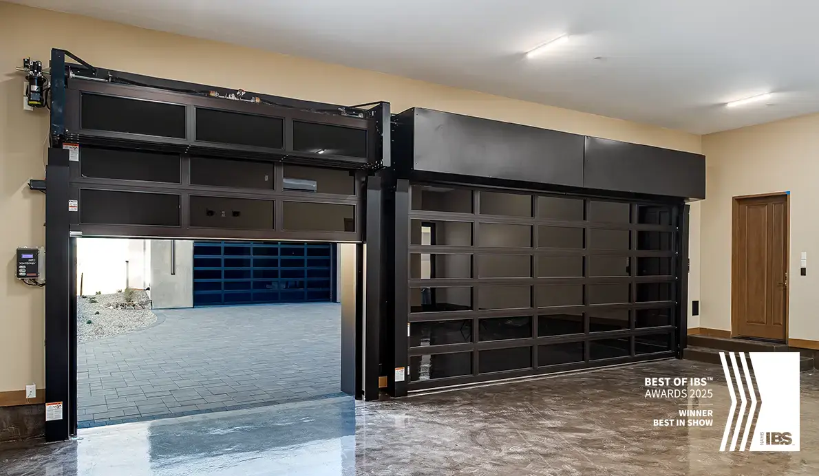 Modern garage doors in a showroom setting.